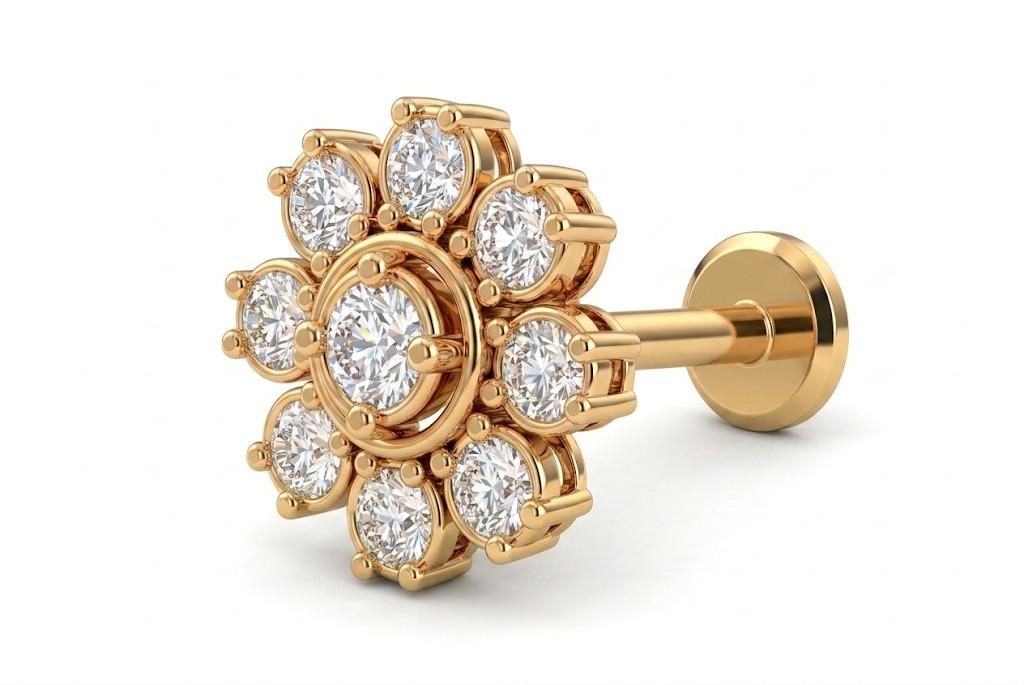 daisy diamond nose pin , Yellow Gold , 18 K