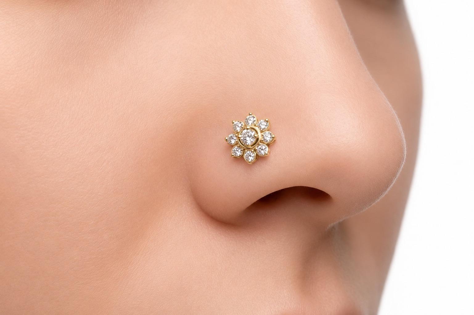 daisy diamond nose pin , Yellow Gold , 18 K