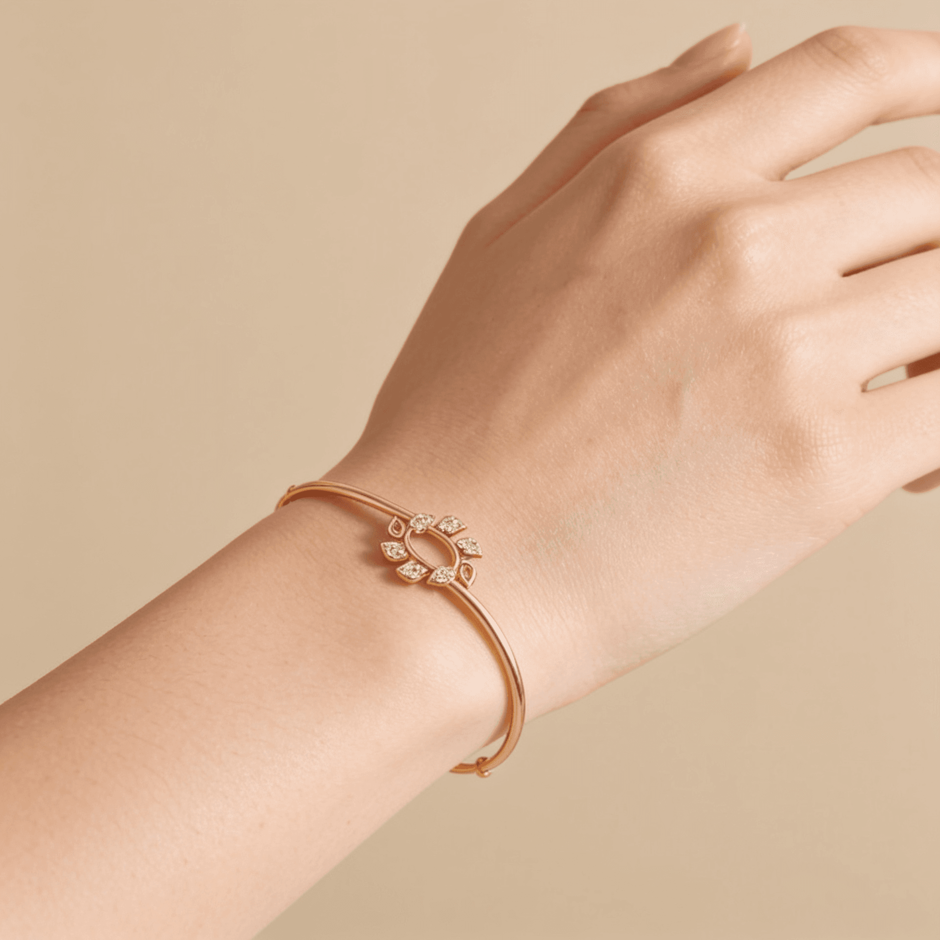 Leaf Motif Diamond Bangle , Yellow Gold , 1.2 Inch , 18 K