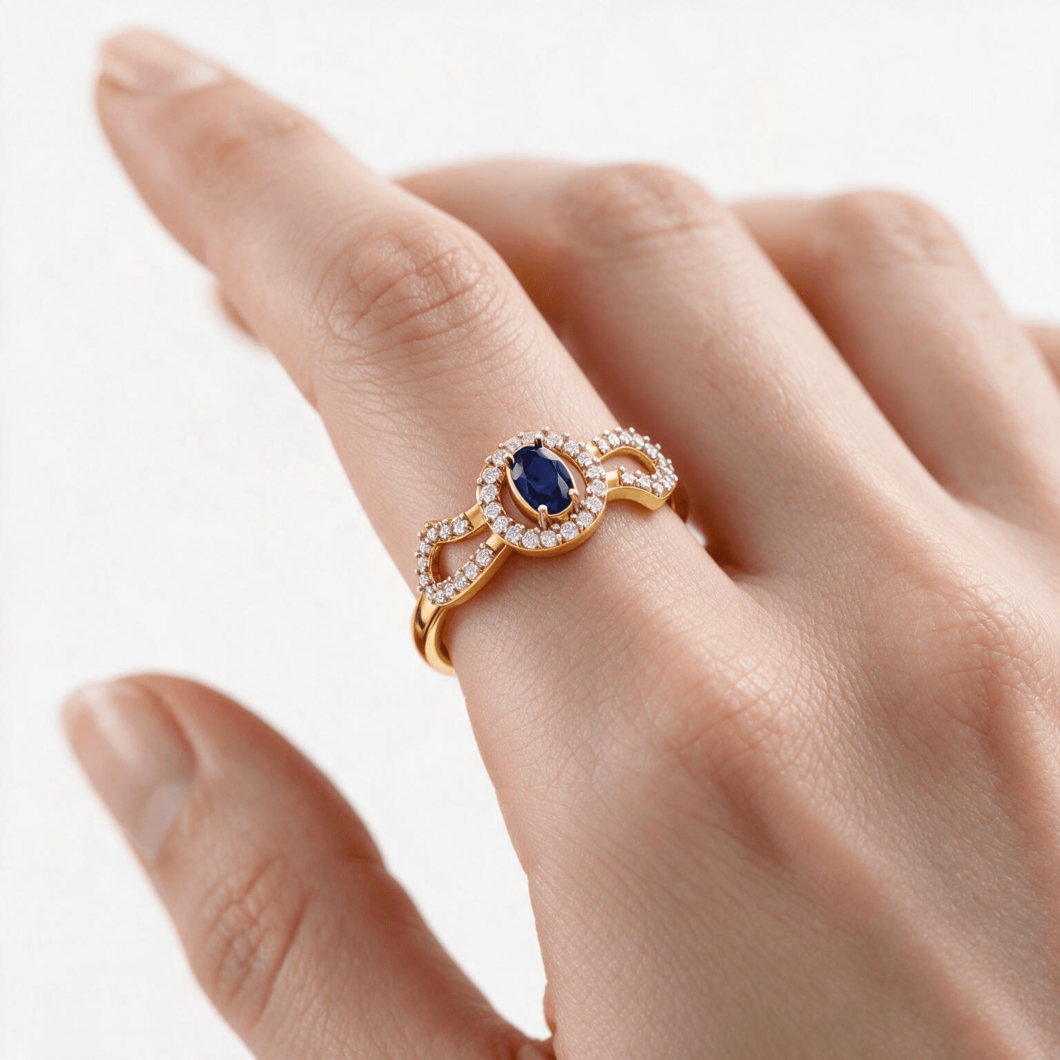 Blue Sapphire Halo Diamond Ring , 7MM , 18 K , Yellow Gold