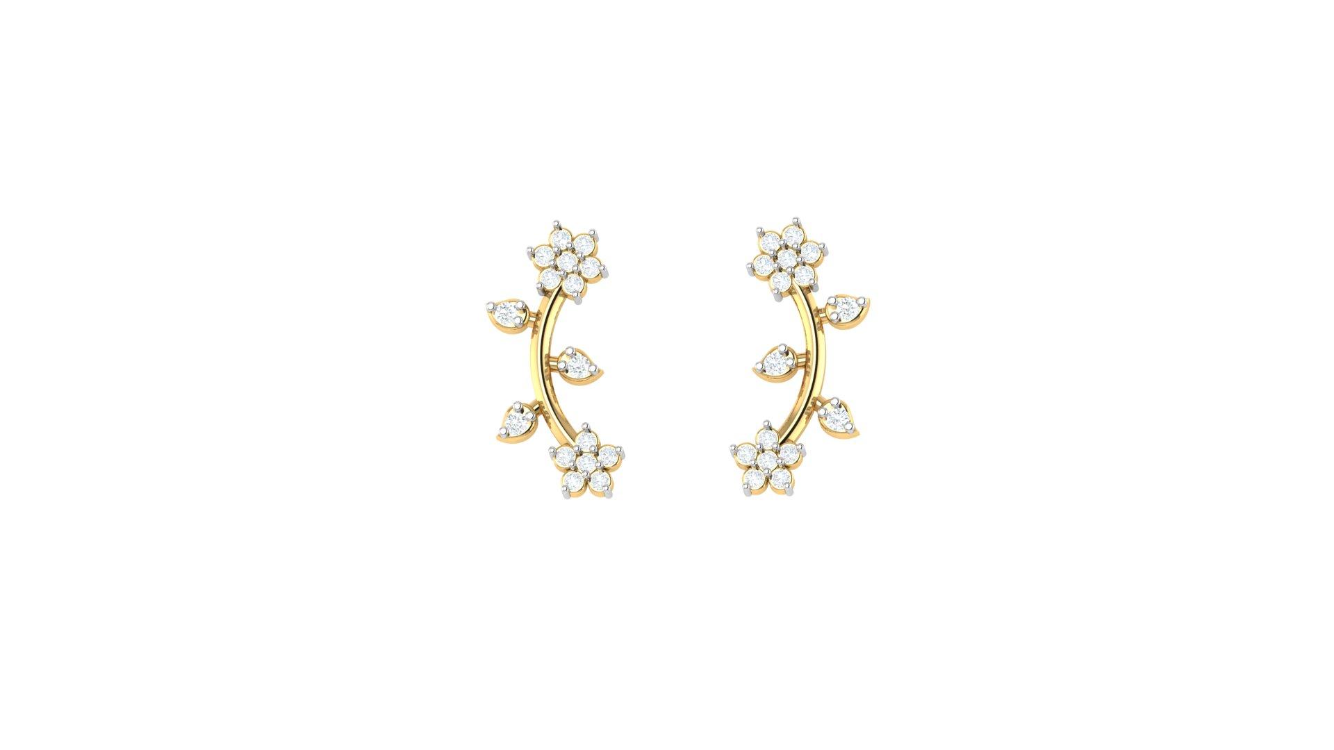 Floral Curve Diamond Earrings , Yellow Gold , 18 K