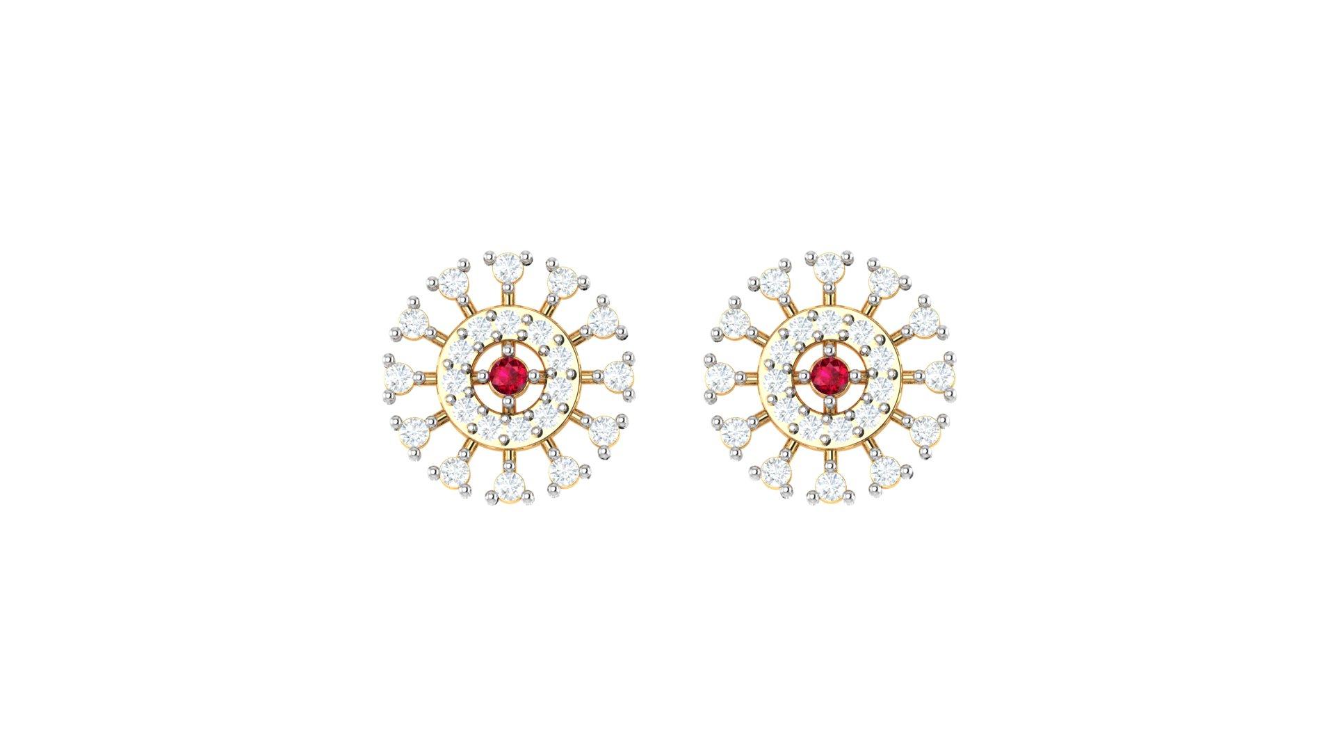 Sunburst Ruby Diamond Earrings , Yellow Gold , 18 K