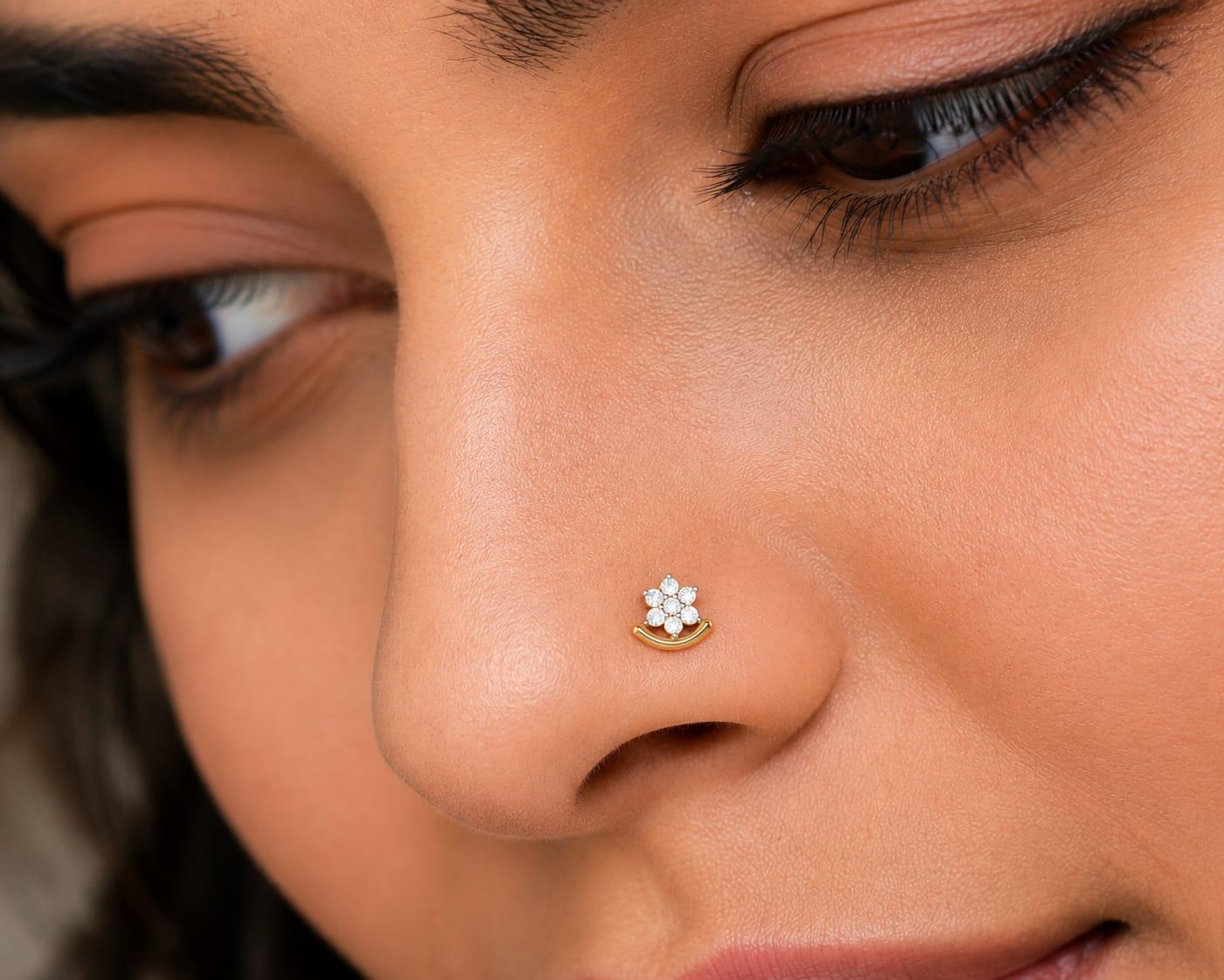 Floral Diamond Hoop Nose Ring , Yellow Gold , 18 K