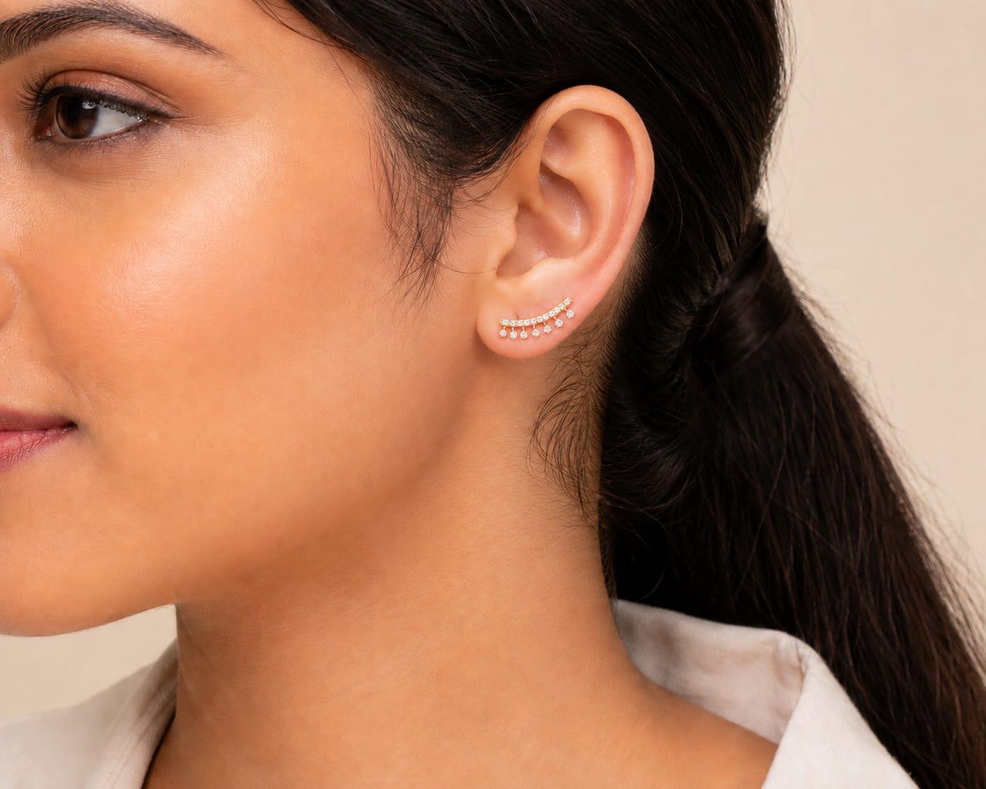 Celestial Curve Diamond Earrings , Yellow Gold , 18 K
