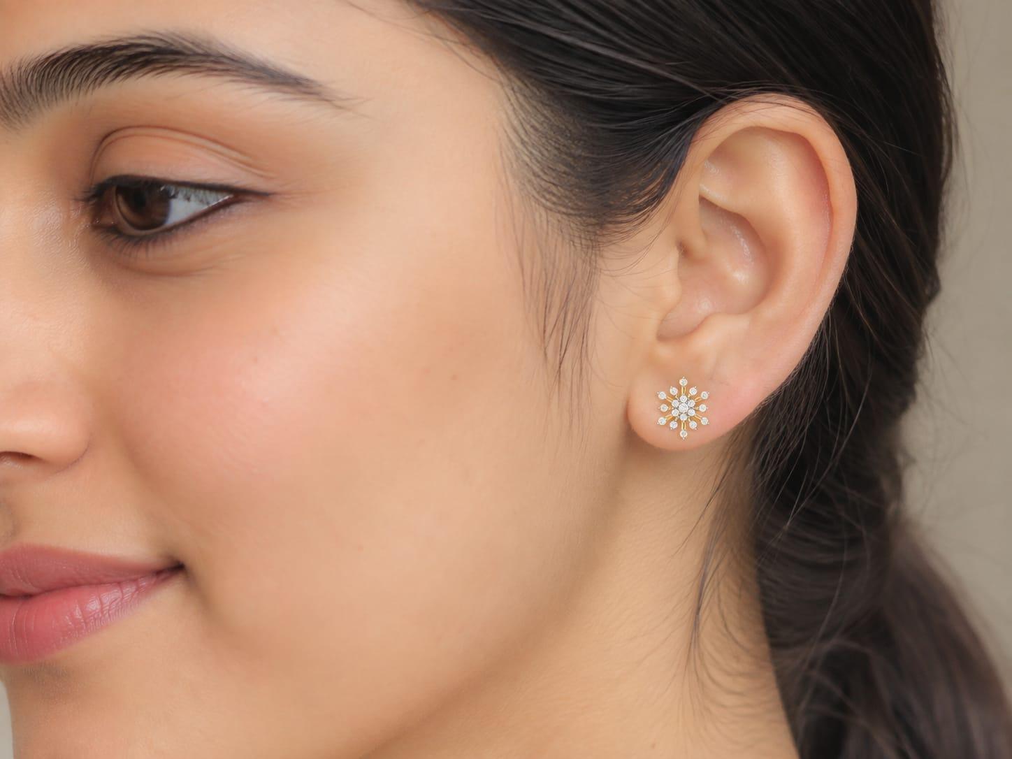 Snowflake Floral Diamond Earrings , Yellow Gold , 18 K