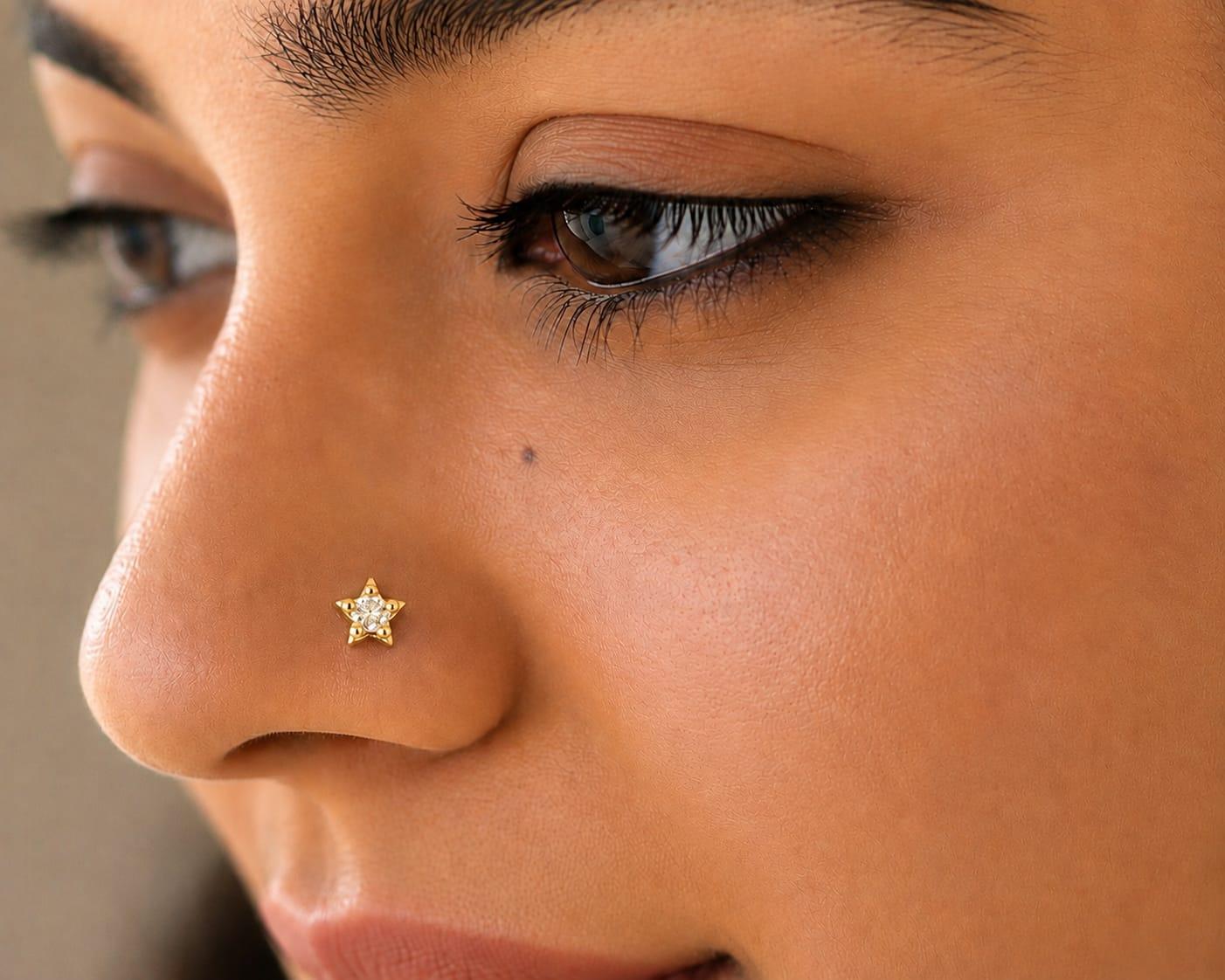 Floral Star Diamond Nose Pin , Yellow Gold , 18 K