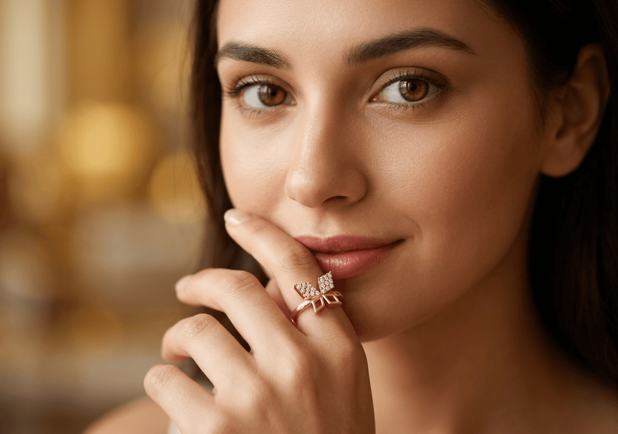 Modern Butterfly Motif Ring , 7MM , 18 K , Yellow Gold
