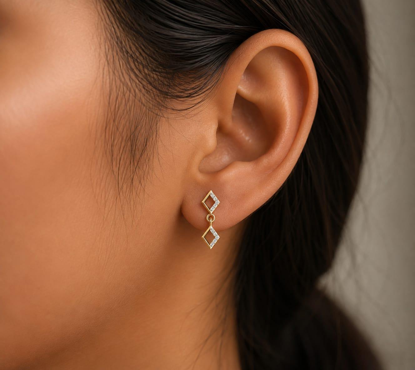 Duo Drop Diamond Earrings , Yellow Gold , 18 K