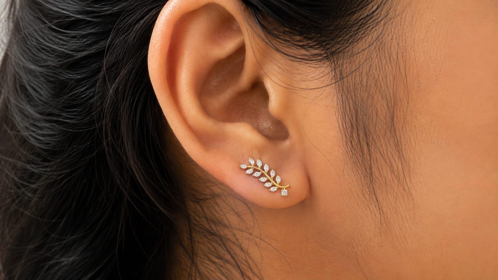 Vine Leaf Diamond Drop Earrings , Yellow Gold , 18 K