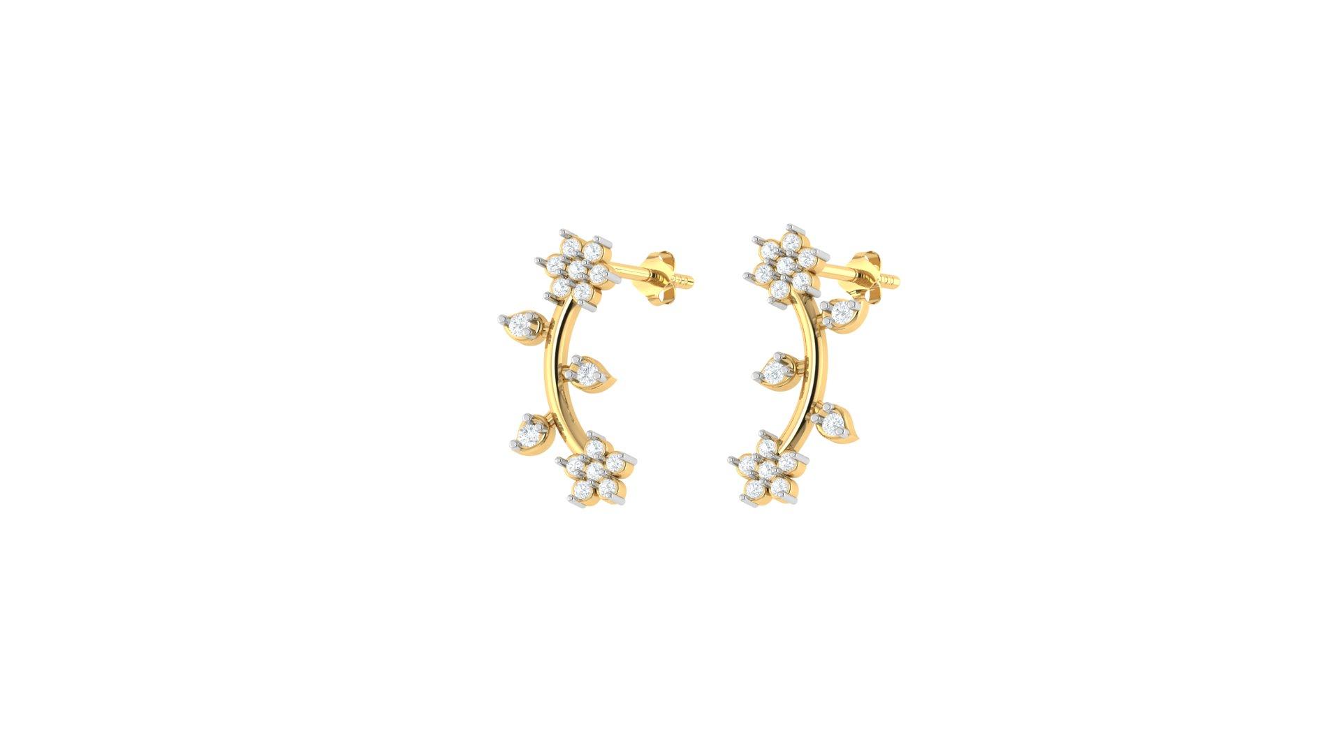 Floral Curve Diamond Earrings , Yellow Gold , 18 K