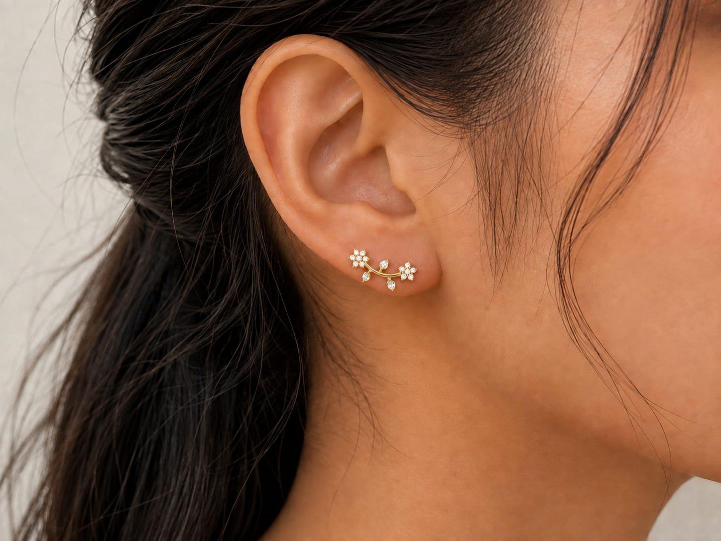 Floral Curve Diamond Earrings , Yellow Gold , 18 K