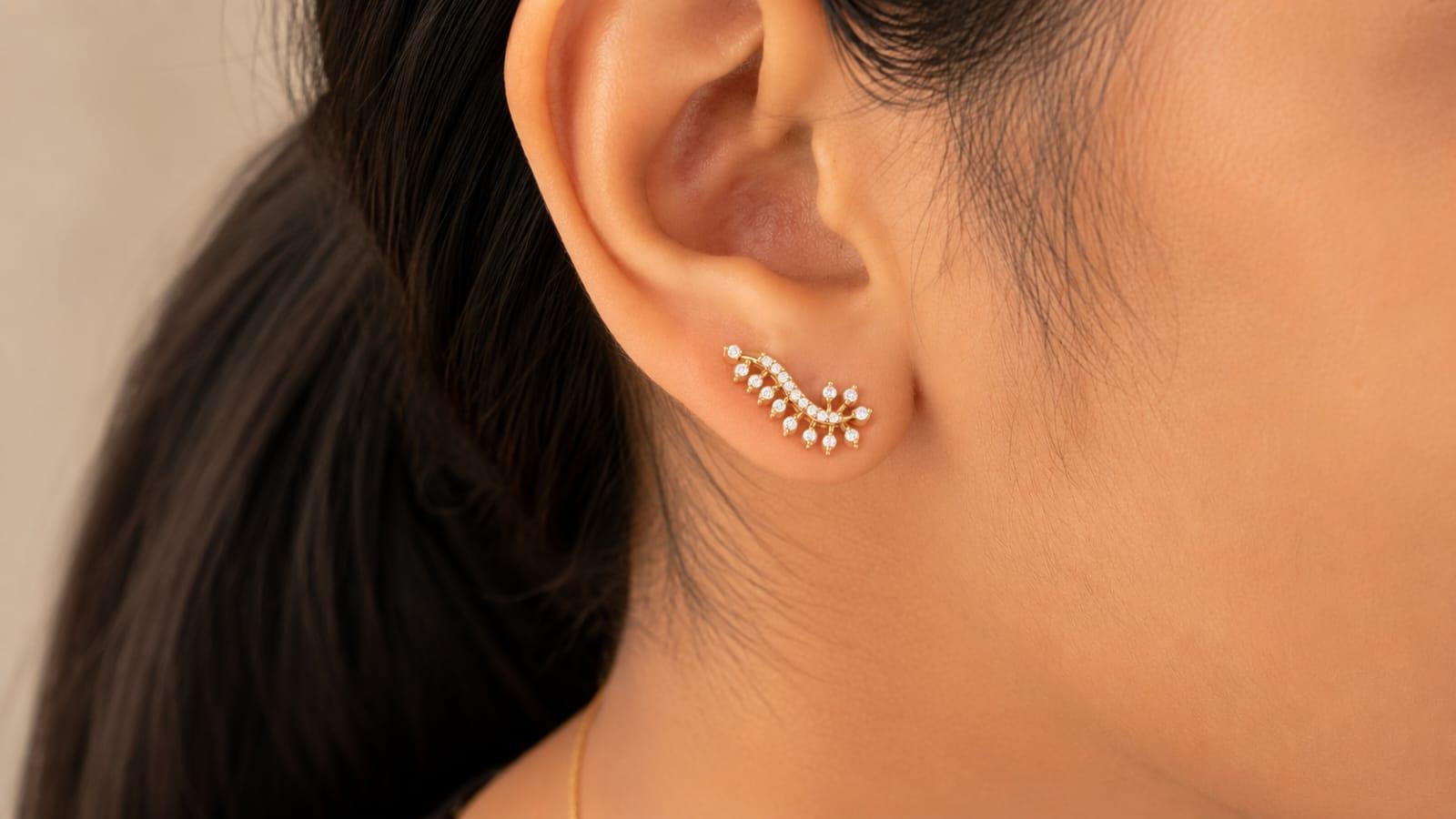 Vine Crystal Drop Earrings , Yellow Gold , 18 K