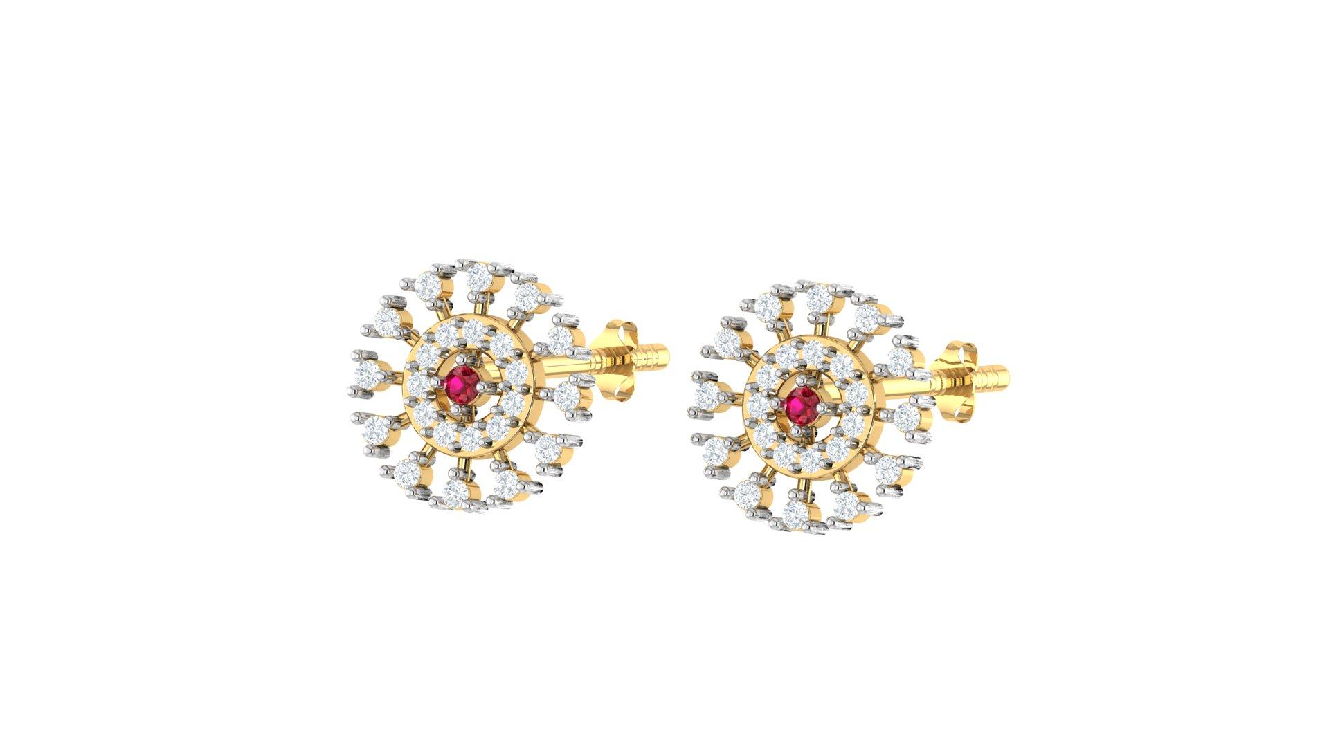 Sunburst Ruby Diamond Earrings , Yellow Gold , 18 K
