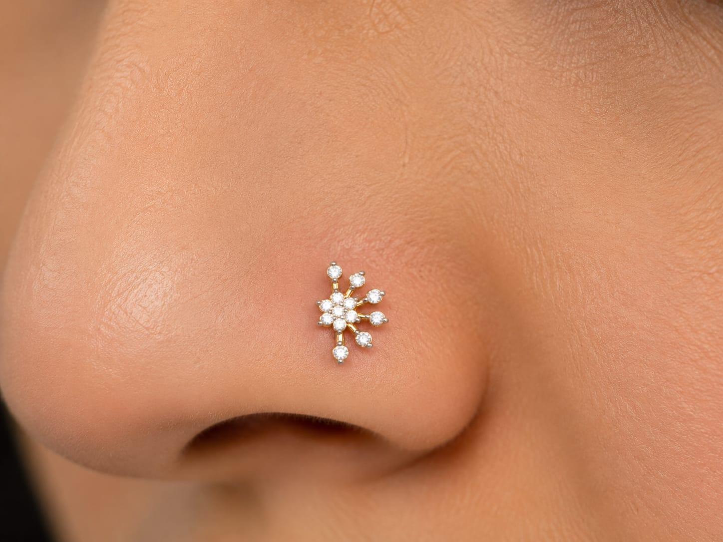 Floral Cluster Diamond Nosepin , Yellow Gold , 18 K