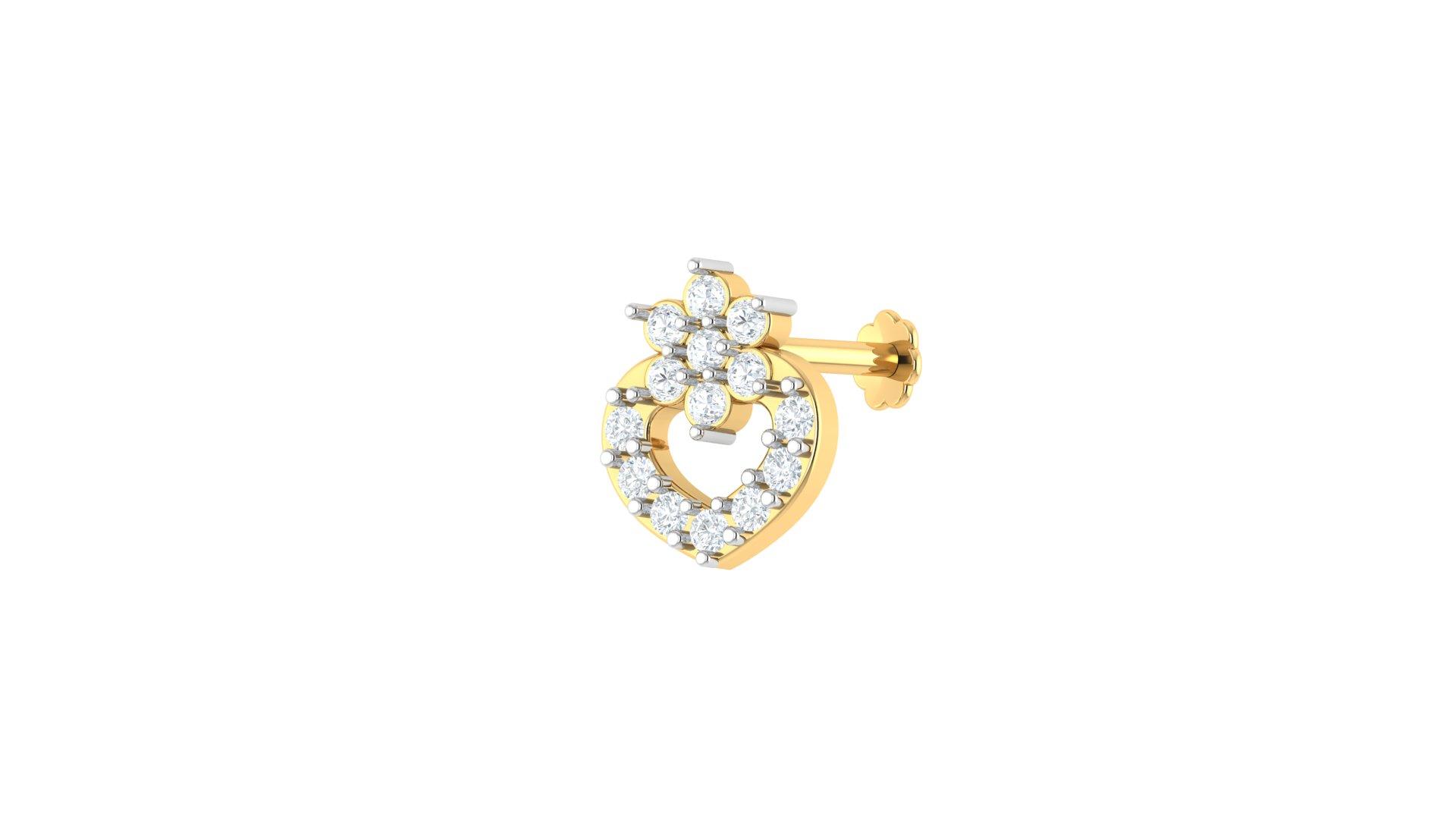Floral Heart Diamond Nose Pin , Yellow Gold , 18 K