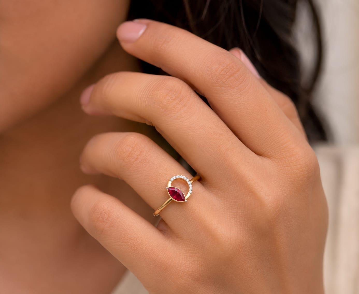 Ruby Halo Diamond Ring , 7MM , 18 K , Yellow Gold
