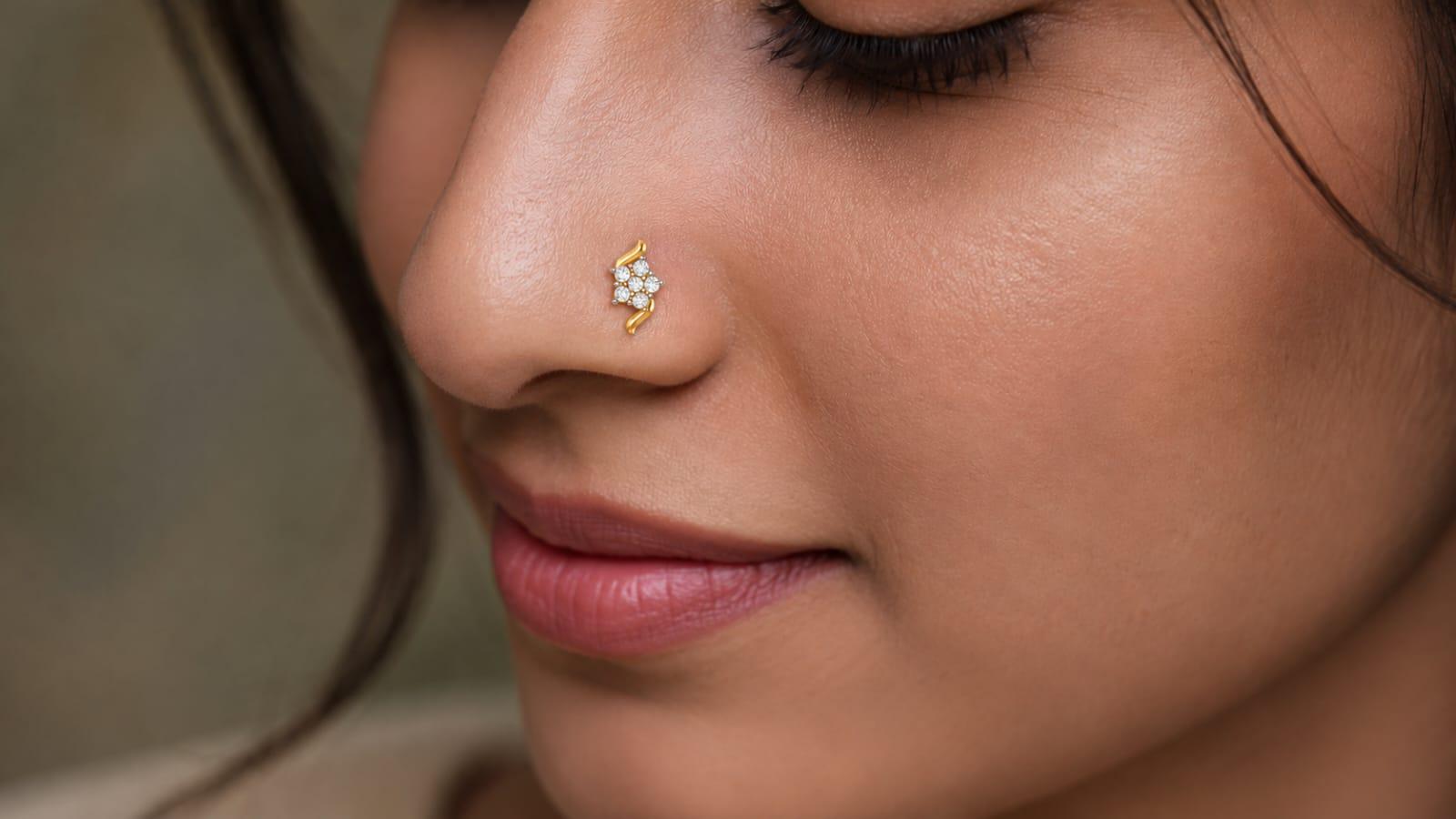 Floral Cluster Diamond Nose Pin , Yellow Gold , 18 K