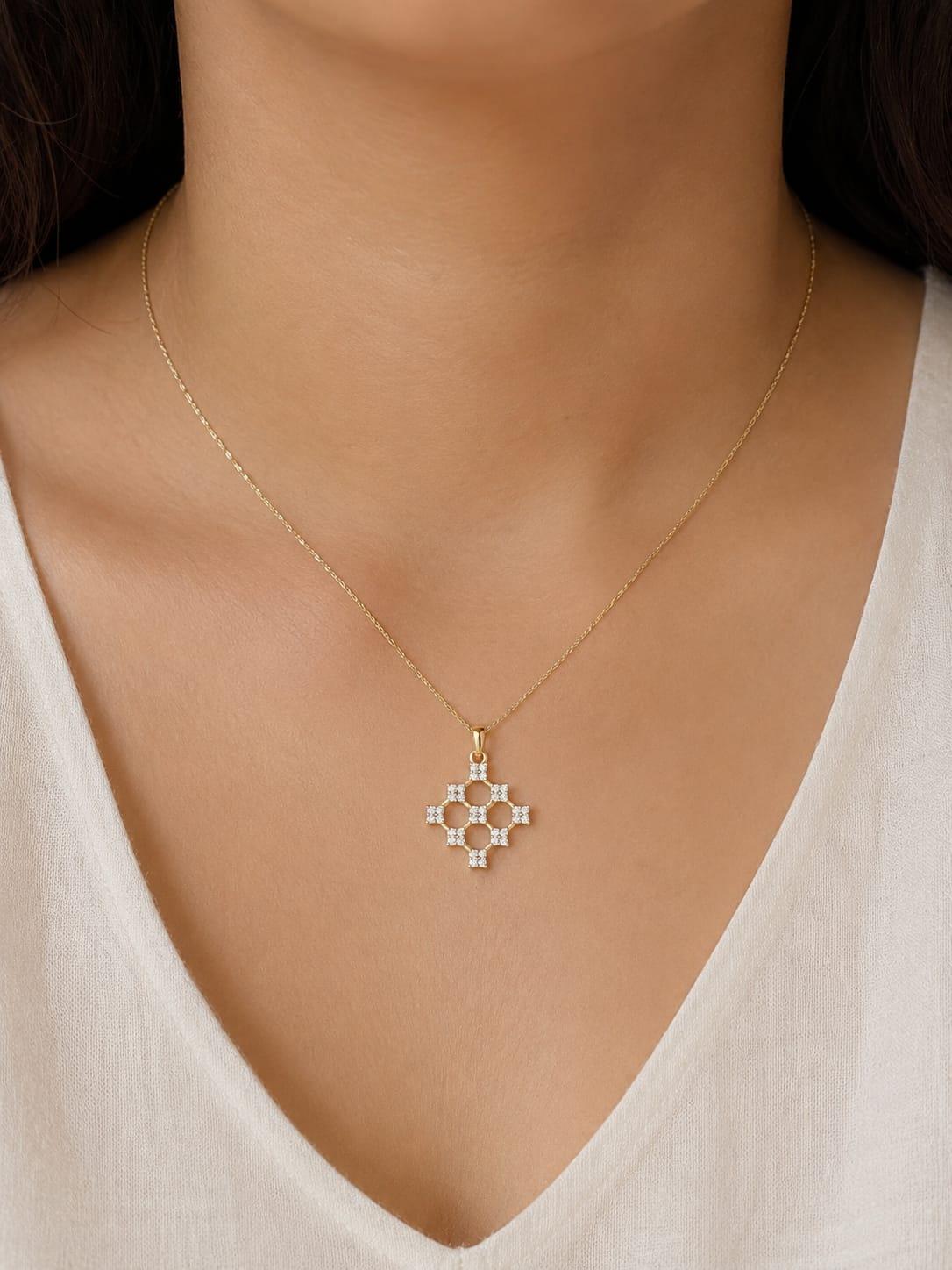 Floral Hexagon Diamond Pendant , Yellow Gold , 18 K